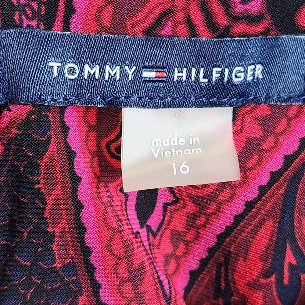 Tommy Hilfiger Red Paisley Floral Shift Dress Sheer Sleeves Women's Size 16
